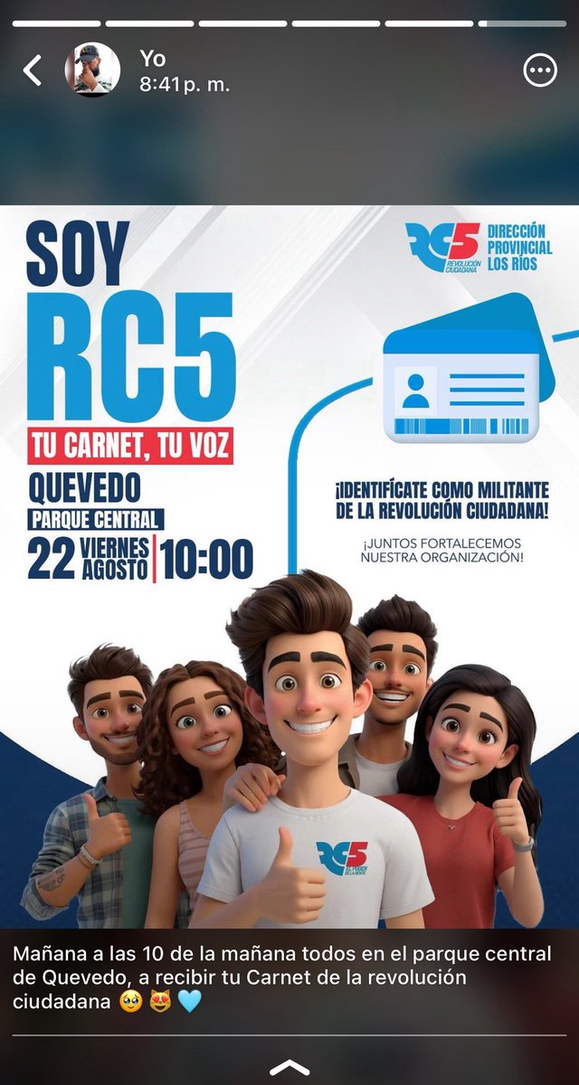 PatriaUnidaEC's tweet photo. El día de mañana viernes 22 de agosto se estará entregando el Carnet afiliado de la revolución ciudadana, en el parque central de Quevedo, ven con toda tu familia y recibe tu Carnet afíliate al único partido que cambió la historia del Ecuador, el partido de Rafael Correa, la  rc5 https://t.co/7u4wJD58w4
