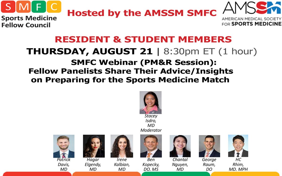 Join Us Tonight at 8:30pm ET for the AMSSM SMFC Webinar: PM&amp;R Fellow Panel Sharing Advive/Insights on Preparing for the Sports Medicine Match. Session is a Q&amp;A Format for  Resident &amp; Student Members to Ask Questions &amp; Learn from the Fellow Panelists That Successfully Matched.