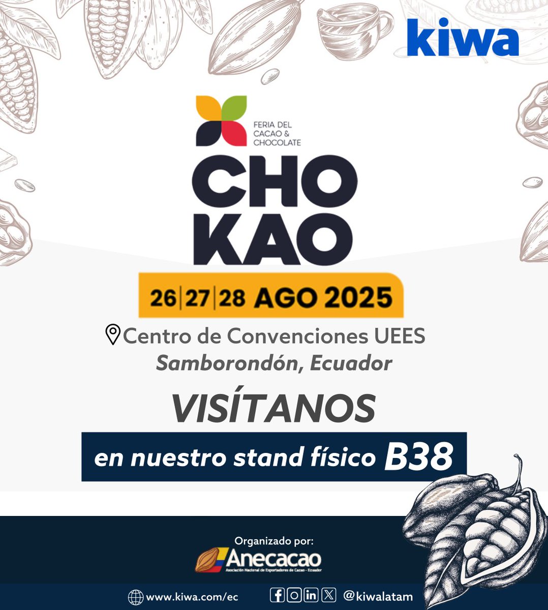 🍫Ecuador produce cacao fino de aroma nativo con 5.000 años de tradición.

En <a href="/ChokaoEc/">CHOKAO</a> 26-28 agosto, Centro Convenciones UEES Samborondón, vivirás un viaje sensorial completo.

📍Encuéntranos en stand B38 - Kiwa te espera con sorpresas especiales.

#CacaoEcuatoriano #KiwaEcuador