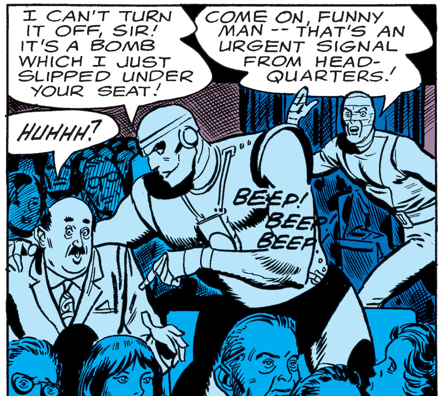 DC_moments's tweet photo. In Doom Patrol #110 (1967), Robotman and Negative Man receive a beeping emergency alert while watching a movie, and a guy sitting right next to them complains about the noise.

Before leaving the theater, Robotman jokingly tells the guy the beeping is from a bomb under his seat. https://t.co/NJp2UqJklr
