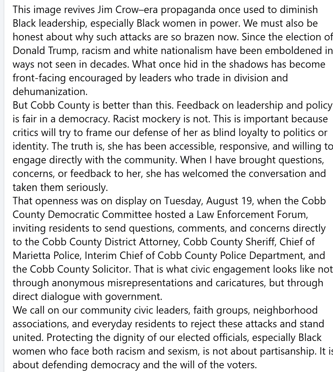 ASFleischman's tweet photo. The Cobb County Democratic Committee has issued a press release decrying a cartoon depicting the Cobb County District Attorney, Sonya Allen, as flatulent and inept. 

They call this criticism "Jim Crow Propaganda"

The cartoon is below. https://t.co/v5BE3R54uu