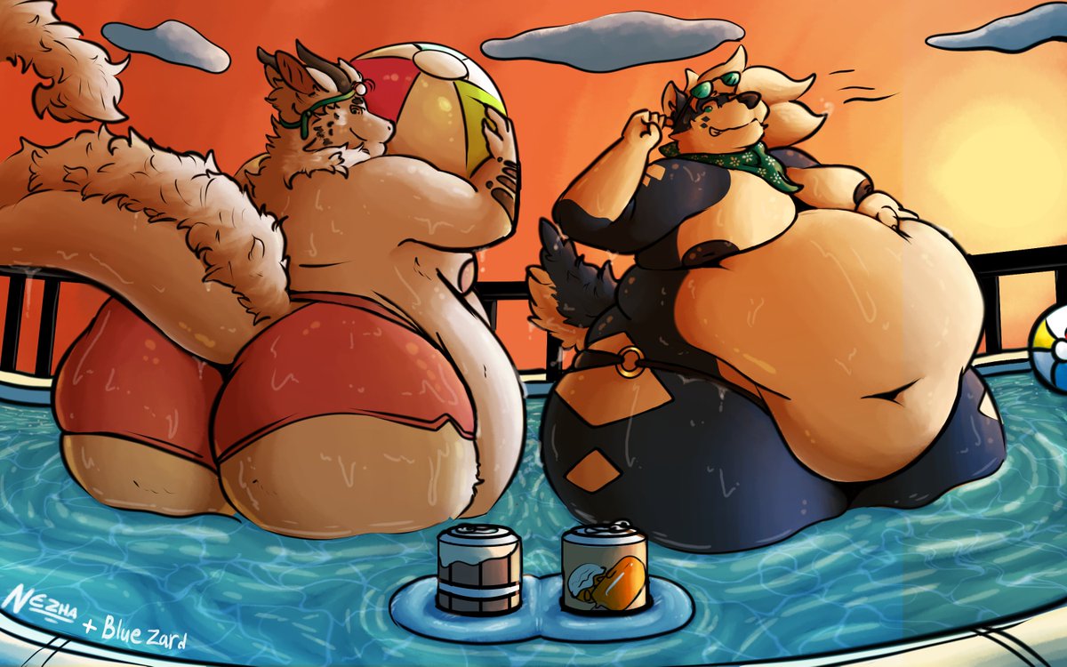 wish you were here at the beachside pool with us!<3 a collab between me and the big blobbo doggo himself <a href="/BlueBoiNezha/">Blue Blobbo Doggo🐾</a> , summer art is good, with citrus butt to boot 🍊