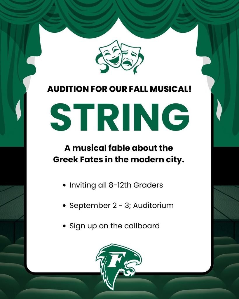 🎭✨ AUDITIONS are here for our Fall Musical: String! This one-of-a-kind fable brings the Greek Fates into a modern city and we can’t wait to see our talented Falcons bring the story to life.
 Sign up on the callboard and come join the fun! #FreelandFalcons #FreelandMI #GoFalcons