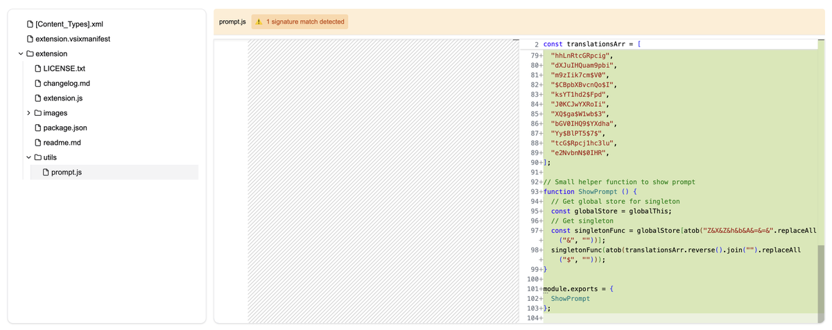 New malicious extension in Open VSX using the same pattern. Uploads to the marketplace as a test extension and then updates to include a new file which decodes to execute from a Cloudflare worker. Diff shown below for the file `prompt.js`

nomic-foundation.hardhat-solidity