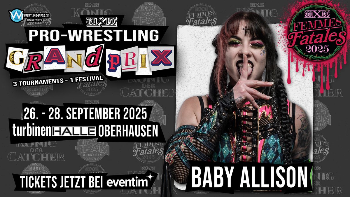 wXw Germany (@wxwgermany) on Twitter photo Vorletzte Teilnehmerin für wXw Femmes Fatales: Baby Allison
Nach der verpassten Chance auf das #wXw16Carat Gold 2025 im Februar wurde es still um sie – doch jetzt ist <a href="/wtchbtch_/">Baby Allison | ベイビー・アリソン</a> zurück! Bereits 2019 stand sie bei wXw Femmes Fatales im Ring, musste sich aber noch vor dem Vorletzte Teilnehmerin für wXw Femmes Fatales: Baby Allison
Nach der verpassten Chance auf das #wXw16Carat Gold 2025 im Februar wurde es still um sie – doch jetzt ist <a href="/wtchbtch_/">Baby Allison | ベイビー・アリソン</a> zurück! Bereits 2019 stand sie bei wXw Femmes Fatales im Ring, musste sich aber noch vor dem