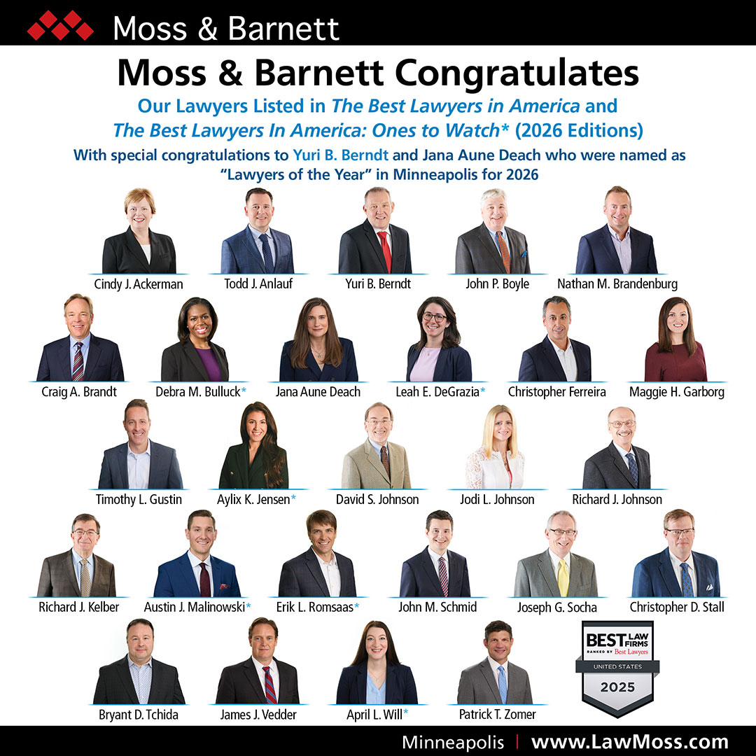 <a href="/MossBarnett/">Moss & Barnett, P.A.</a> is pleased to congratulate our 26 lawyers who have been included in the 2026 editions of <a href="/BestLawyers/">Best Lawyers</a>, with special congratulations to Yuri Berndt and Jana Aune Deach who have been named as the 2026 "Lawyers of the Year" in Minneapolis. lawmoss.com/news-2026-best…