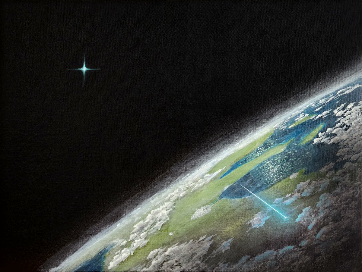 A realistic orbital bombardment scene: a free electron laser tuned to cyan is used to get through the atmosphere, and the beam is invisible, except where it creates a glowing plasma channel in thicker air.
#space #art by Agatha Mallett.
geometrian.com/projects/art/o…