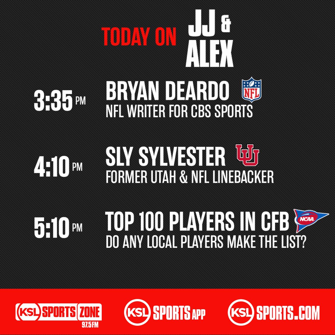 97.5 The KSL Sports Zone (@kslsportszone) on Twitter photo Thursday on <a href="/JeremiahJensen/">Jeremiah Jensen</a> & <a href="/AlexKirryKSL/">Alex Kirry</a>
- SEC schedule changes!
- <a href="/BryanDeArdo/">BryanDeArdo</a> 3:35
- Sly Sylvester 4:10
- #GoUtes Football
- #BYUFootball
- Overrated by metrics
- Top 100 CFB Players
- and so much more!
📺: youtube.com/@ksl5sports
🎧: tuner.bonneville.com/live/KZNS-FM
<a href="/kslsports/">KSL Sports</a> Thursday on <a href="/JeremiahJensen/">Jeremiah Jensen</a> & <a href="/AlexKirryKSL/">Alex Kirry</a>
- SEC schedule changes!
- <a href="/BryanDeArdo/">BryanDeArdo</a> 3:35
- Sly Sylvester 4:10
- #GoUtes Football
- #BYUFootball
- Overrated by metrics
- Top 100 CFB Players
- and so much more!
📺: youtube.com/@ksl5sports
🎧: tuner.bonneville.com/live/KZNS-FM
<a href="/kslsports/">KSL Sports</a>