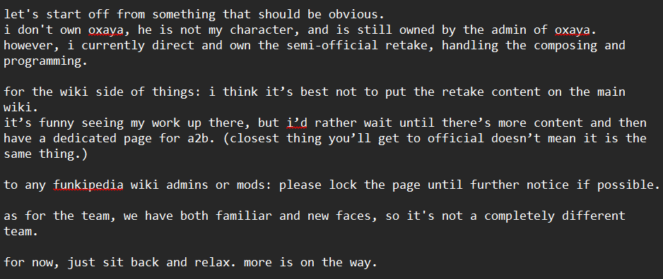 Resty! (@neededresty) on Twitter photo ok so i went on the anotherbrother wiki and saw some comments so im just gonna clear up some info here about the retake, and what you should expecat.
<a href="/oocoxaya/">AnotherBrother/Oxaya Dev Team OOC</a> #oxayacreatedotnet ok so i went on the anotherbrother wiki and saw some comments so im just gonna clear up some info here about the retake, and what you should expecat.
<a href="/oocoxaya/">AnotherBrother/Oxaya Dev Team OOC</a> #oxayacreatedotnet