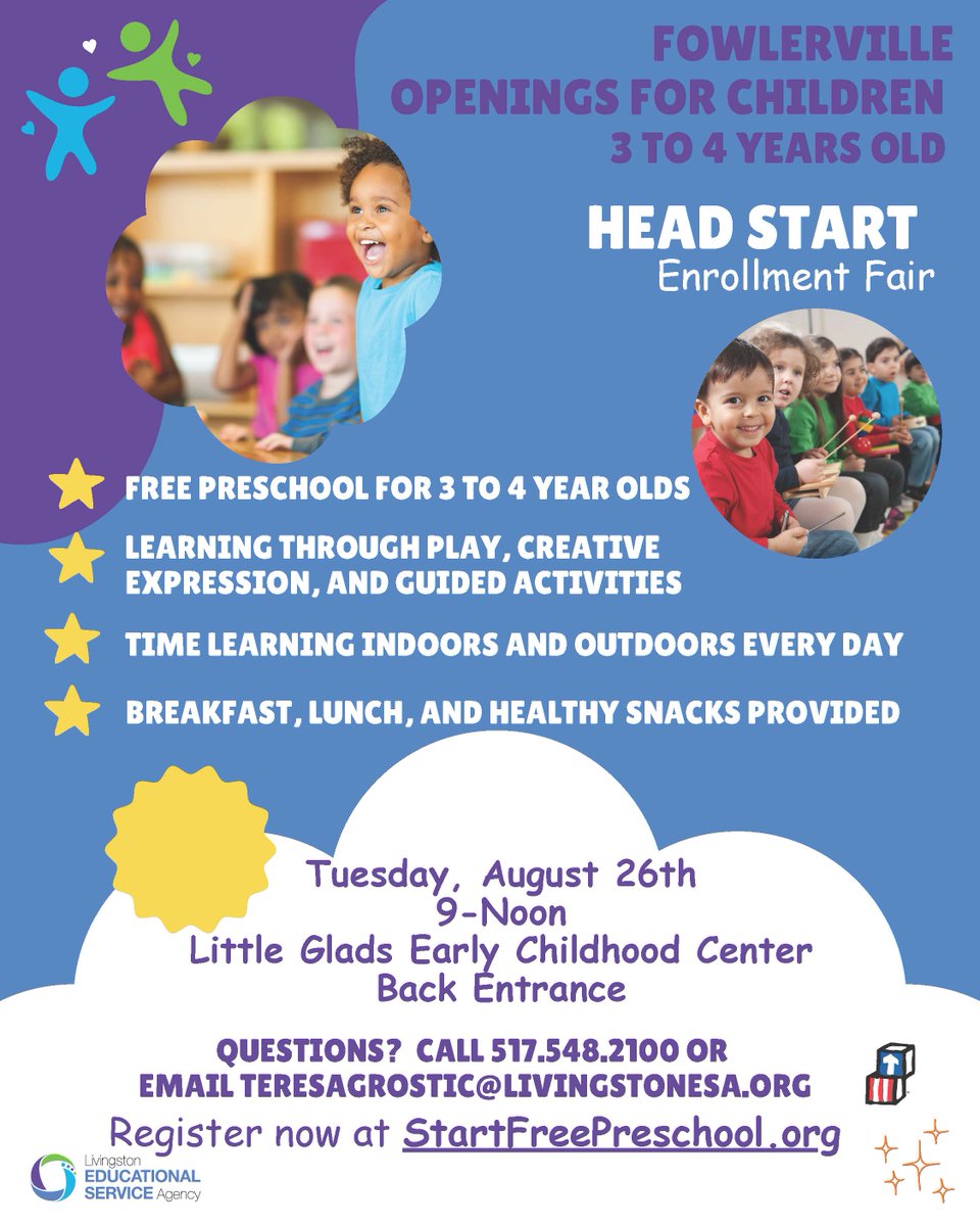 If you have a 3 year old in Fowlerville and you are looking for free preschool come chat with us on Tuesday August 26th!