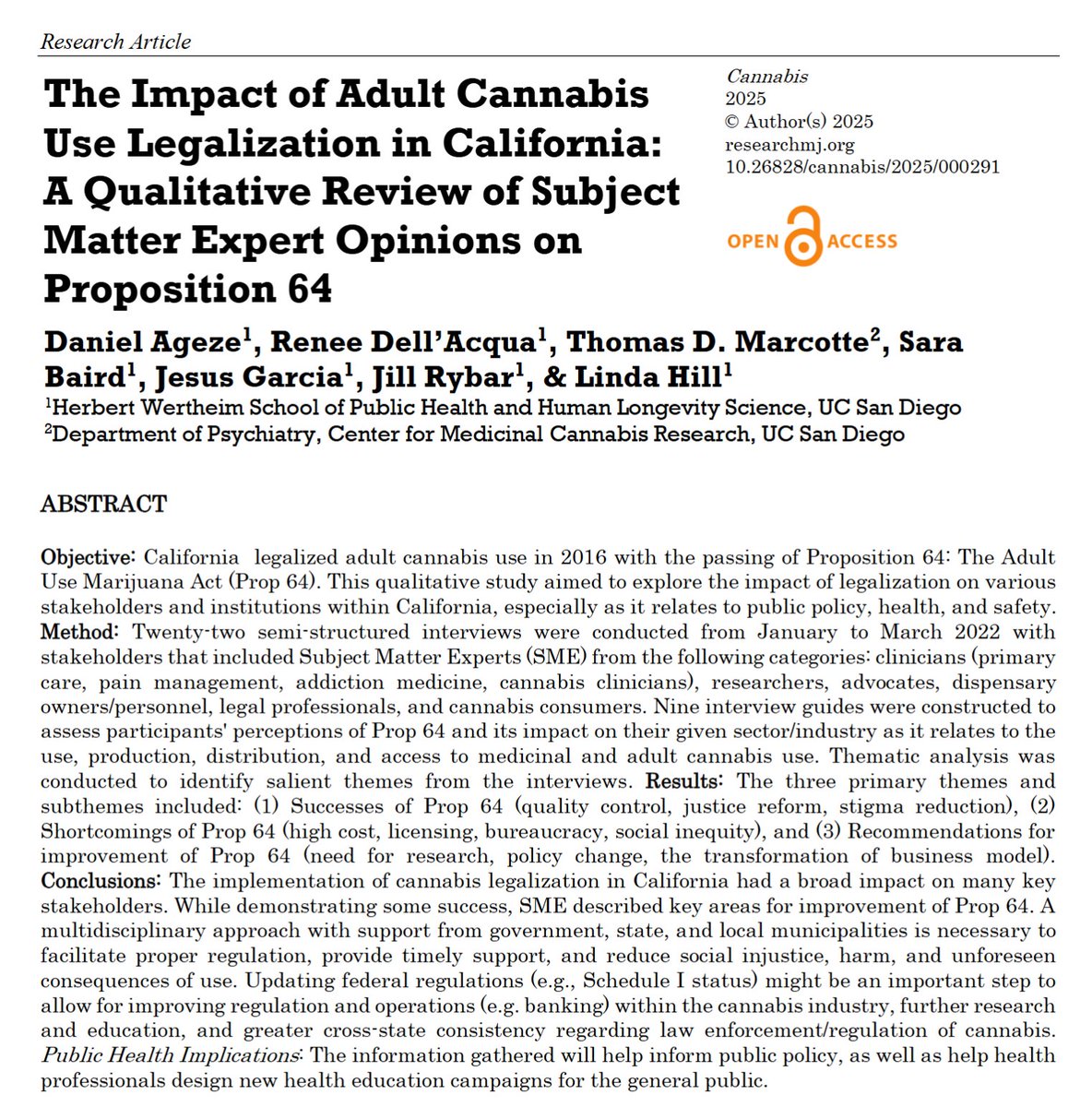 RSMj (@researchmj) on Twitter photo New Cannabis publication! The Impact of Adult Cannabis Use Legalization in California: A Qualitative Review of Subject Matter Expert Opinions on Proposition 64. <a href="/UCSanDiegoSPH/">UC San Diego Herbert Wertheim School Public Health</a> publications.sciences.ucf.edu/cannabis/index… New Cannabis publication! The Impact of Adult Cannabis Use Legalization in California: A Qualitative Review of Subject Matter Expert Opinions on Proposition 64. <a href="/UCSanDiegoSPH/">UC San Diego Herbert Wertheim School Public Health</a> publications.sciences.ucf.edu/cannabis/index…