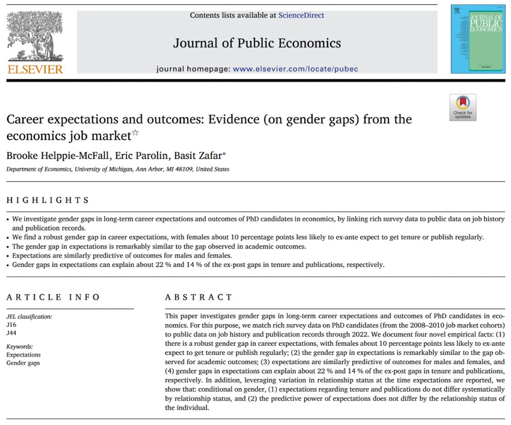 Journal of Public Economics (@jpubecon) on Twitter photo Just published in <a href="/JPubEcon/">Journal of Public Economics</a>:
"Career expectations and outcomes: Evidence (on gender gaps) from the economics job market"
By Brooke Helppie-McFall, <a href="/EricParolin/">Eric Parolin</a>, & <a href="/basit_ak_zafar/">Basit Zafar</a>
sciencedirect.com/science/articl…
#econtwitter #publiceconomics Just published in <a href="/JPubEcon/">Journal of Public Economics</a>:
"Career expectations and outcomes: Evidence (on gender gaps) from the economics job market"
By Brooke Helppie-McFall, <a href="/EricParolin/">Eric Parolin</a>, & <a href="/basit_ak_zafar/">Basit Zafar</a>
sciencedirect.com/science/articl…
#econtwitter #publiceconomics