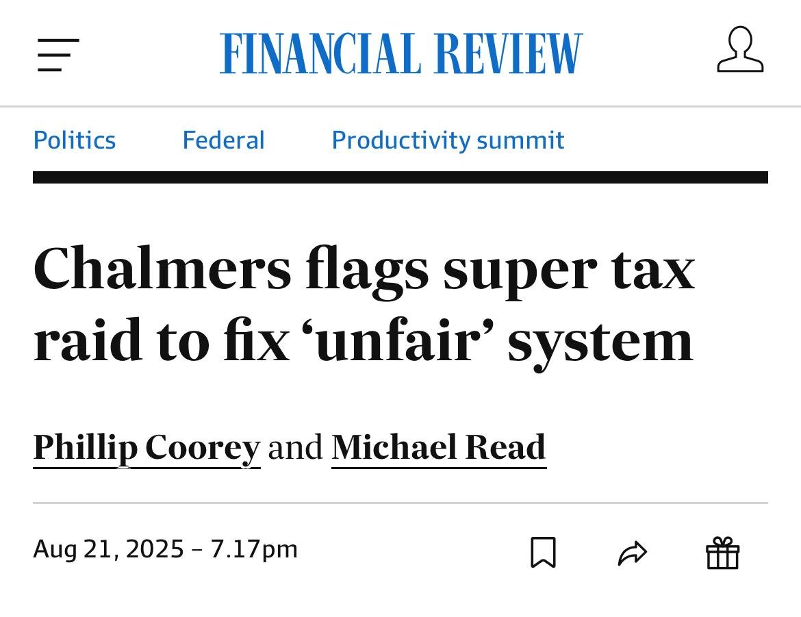 We warned you Labor’s roundtable was a front to raise taxes and here they go.

In the last 3 years, Labor’s spending spree has added $100b to the national debt, due to hit $1t this year. Chalmers is planning 11 deficits in a row.

Now he’s coming after your savings to pay for it.