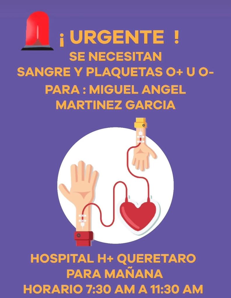 #URGENTE #Querétaro #Plaquetas #Sangre tipo O+ u O-, para Miguel Ángel Martínez García en el Hospital H+ Querétaro.
Contactar al: 442 477 2222.

#DonaEnVida #DonaConAmor
