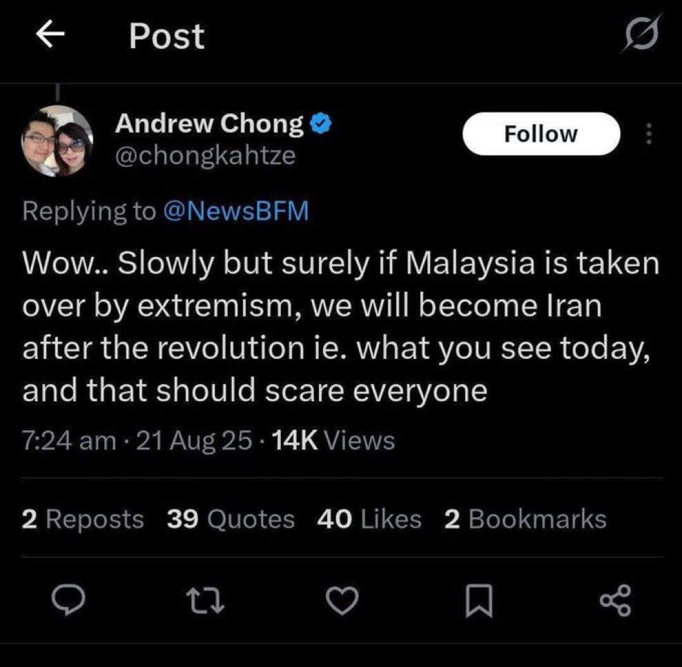 4zharabdullah's tweet photo. @chongkahtze You are sorry because you’re facing massive backlash or you are sorry for the statement “..Malaysia is taken over by Extremism?” 

If the latter, what is your current view? What’s  changed? https://t.co/sPyENqFqtZ