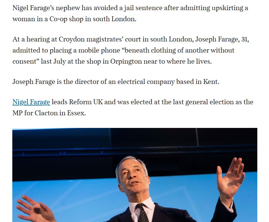 nameless commentator ♻️ (@anoncommontator) on Twitter photo <a href="/Nigel_Farage/">Nigel Farage MP</a> A two tier Britain that allowed your nephew to walk free from court after being found guilty of upskirting women.
You must be so proud <a href="/Nigel_Farage/">Nigel Farage MP</a> A two tier Britain that allowed your nephew to walk free from court after being found guilty of upskirting women.
You must be so proud