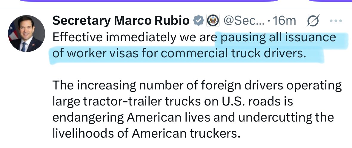 MelissaLMRogers's tweet image. NOW 🇺🇸 Effective immediately, the US is pausing ALL issuance of worker visas for commercial truck drivers