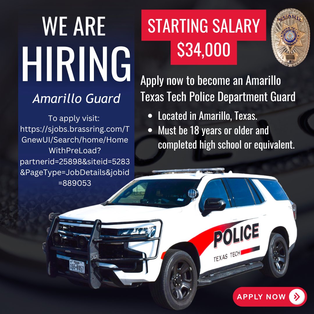 If you are ready to take the next step in your career and contribute to the safety of our campus, we encourage you to apply today! #texastechpd #Amarillo #Guard
 
📌Click the link below for more information and to apply!

sjobs.brassring.com/TGnewUI/Search…