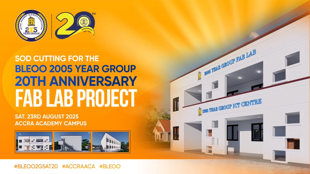 Join us to cut the sod for our 20th Anniversary FAB LAB project at this year’s Homecoming on Saturday, 23rd August 2025.

#Bleoo2G5at20 #AccraAca #Bleoo #FabLab