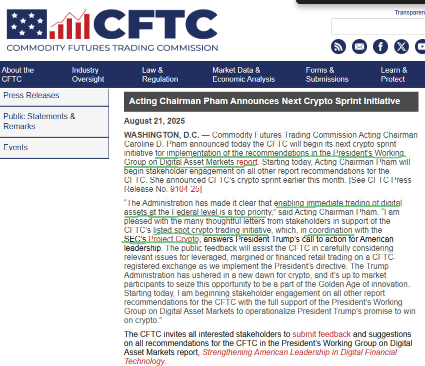 techconcatalina's tweet image. 🔥BREAKING🔥

🇺🇸La CFTC lanzó la &quot;Crypto Sprint Initiative&quot;, en colaboración con el &quot;Project Crypto&quot; de la SEC, para avanzar con la agenda #cripto del presidente Trump.

💥El regulador de derivados de EE.UU busca &quot;habilitar el trading inmediato de activos digitales&quot; e…