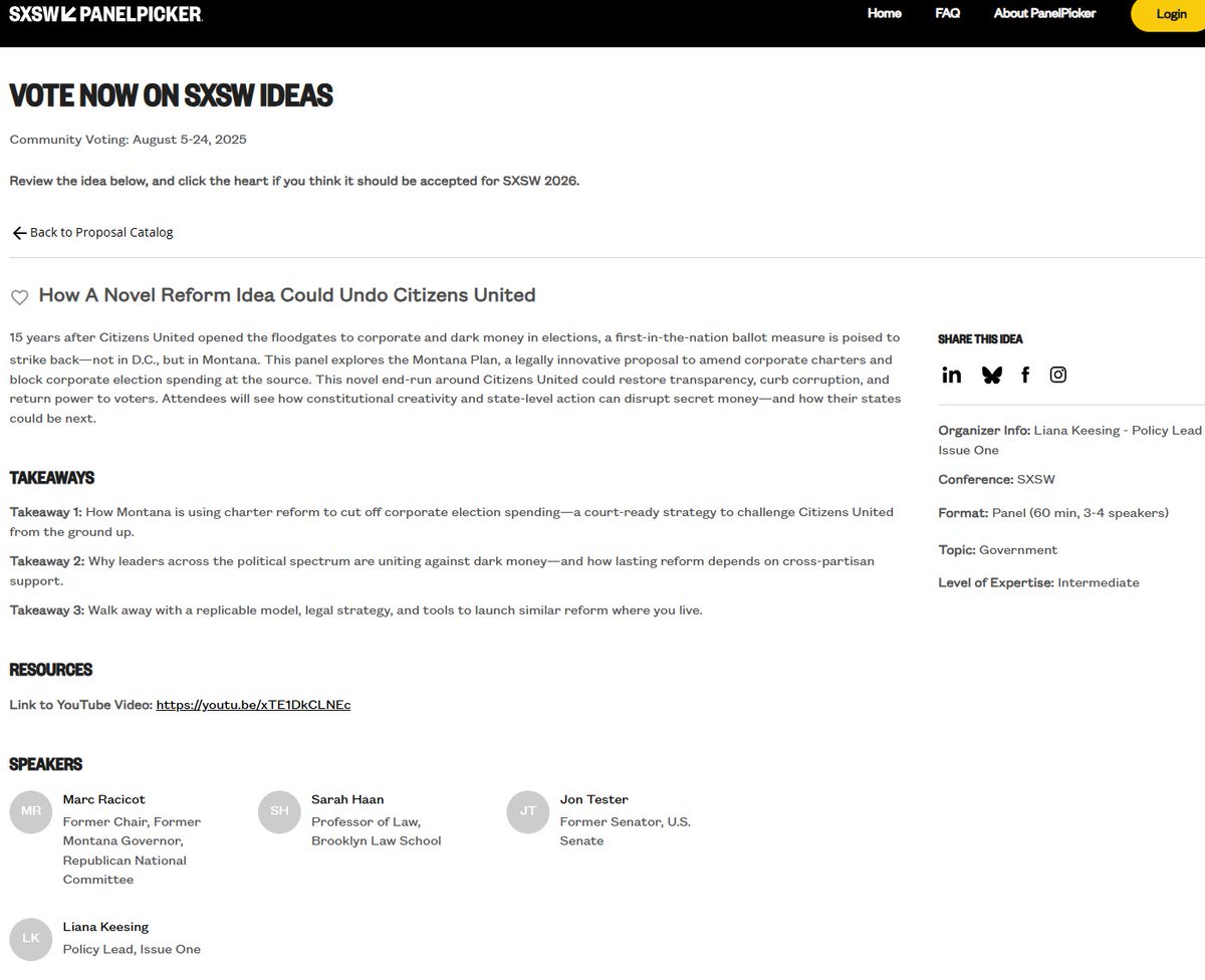 Our friends at Issue One <a href="/IssueOneReform/">Issue One</a> reached out to pitch an epic <a href="/sxsw/">SXSW</a> '26  panel on the Transparent Election Initiative's 'The Montana Plan' Of course we said Yes! Now we need your public vote to make the stage!! <a href="/transparent406/">Transparent Election Initiative</a> participate.sxsw.com/flow/sxsw/sxsw…