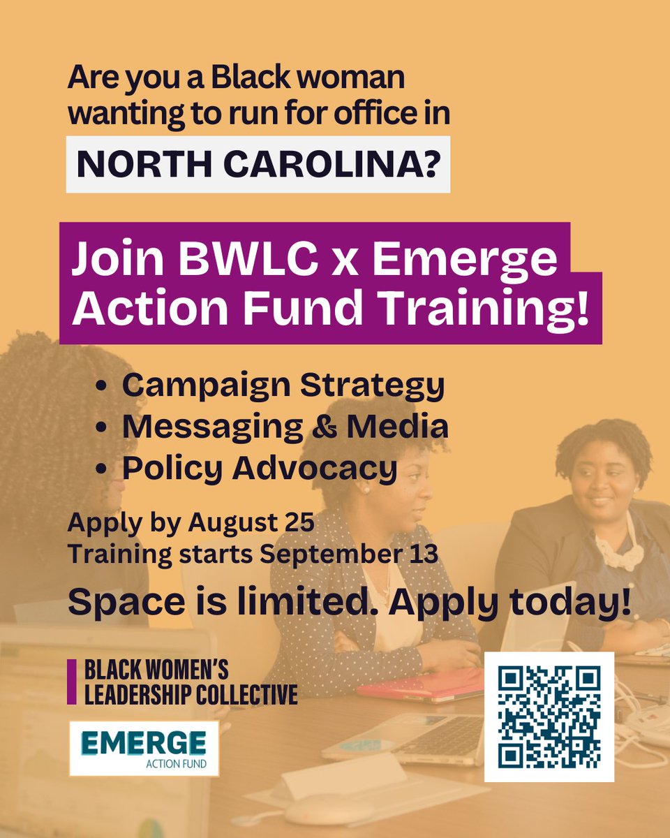 Thinking about running for office in North Carolina? Black women are encouraged to apply for the fall @blackwomenslc x Emerge Action Fund Training! Get skills in campaign strategy, messaging, and policy advocacy. Training begins Sept. 13—apply by Aug. 25: webportalapp.com/sp/login/eaf