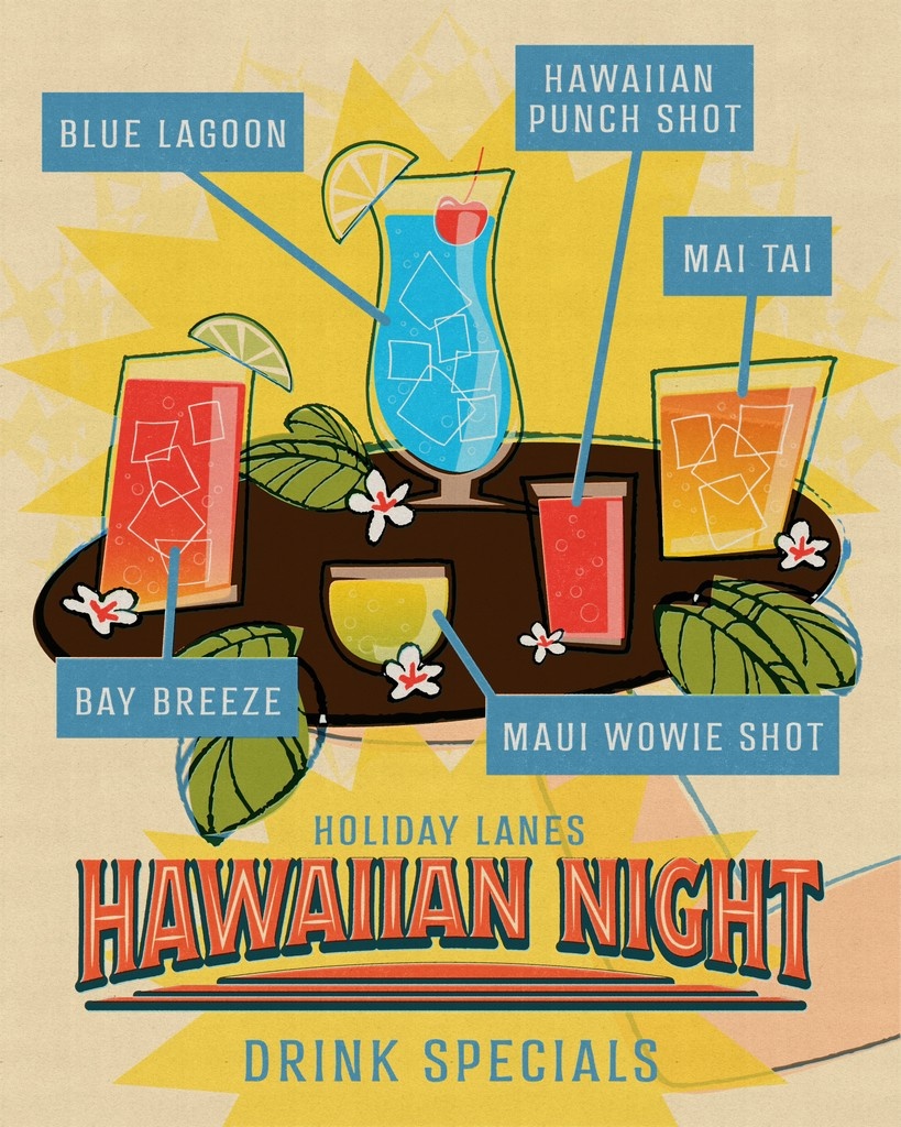 HolidayLanesBwl's tweet image. Hawaiian Night is Aug 30th at Holiday Lanes! 🌴
Sip your way through paradise: Blue Lagoon 💙, Hawaiian Punch 🍍, Mai Tai 🍹, Bay Breeze 🌊 &amp;amp; Maui Wowie 🌺
Warning: may cause spontaneous hula &amp;amp; karaoke! 💃🎤
#HawaiianNight #HolidayLanes #TropicalVibes #SipSipHooray #up2somefun