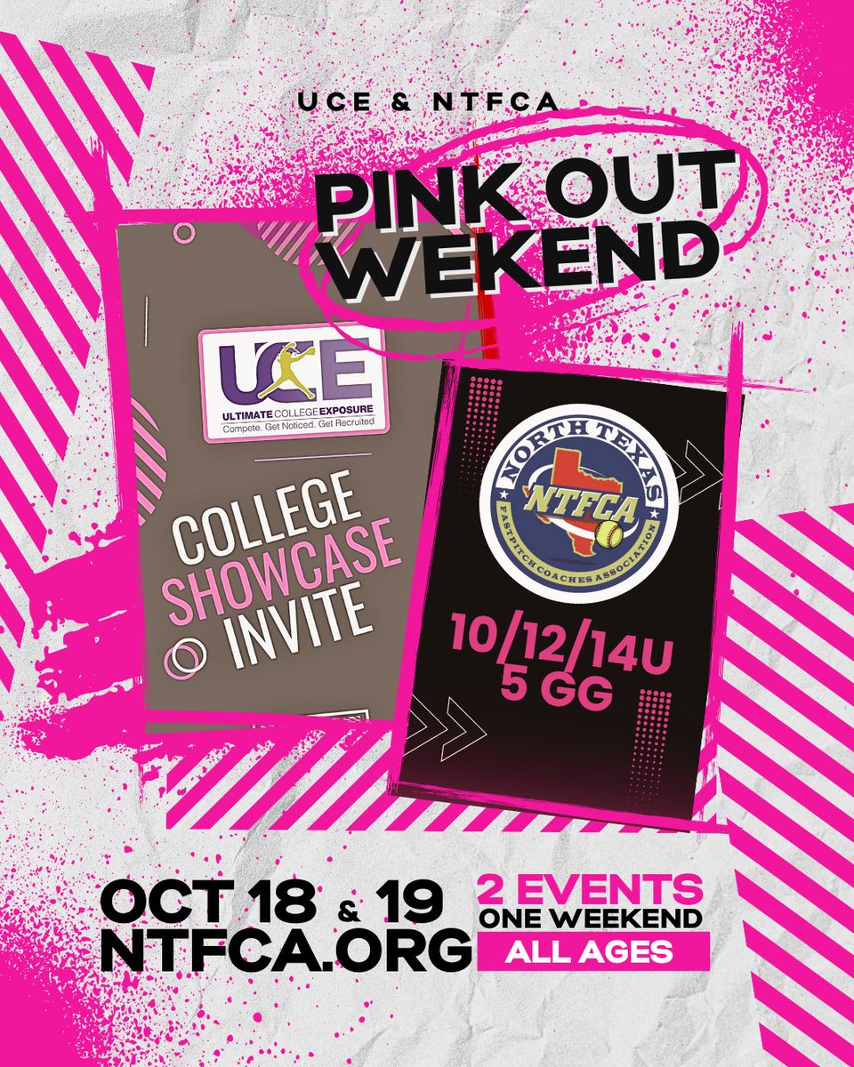 OCT 18 &amp; 19-LETS PINK OUT
💗💗💗
Something for everyone in mid-October as we have the 2025 UCE Pink Out Invitational for our college showcase teams looking to get recruited &amp; our partners at NTFCA have a 5GG event for 10/12/14u squads. Register for both at ntfca.org