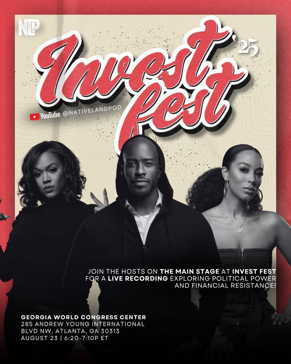 🚨 Native Land Pod LIVE at InvestFest! 🚨

Angela Rye, Tiffany Cross &amp; Andrew Gillum take the Main Stage to break down political power &amp; financial resistance.

📍 Aug 23 | 6:20–7:10 PM | Main Stage

✊🏾 Stream it on YouTube @NativeLandPod if you can’t be there!

#NativeLandPod