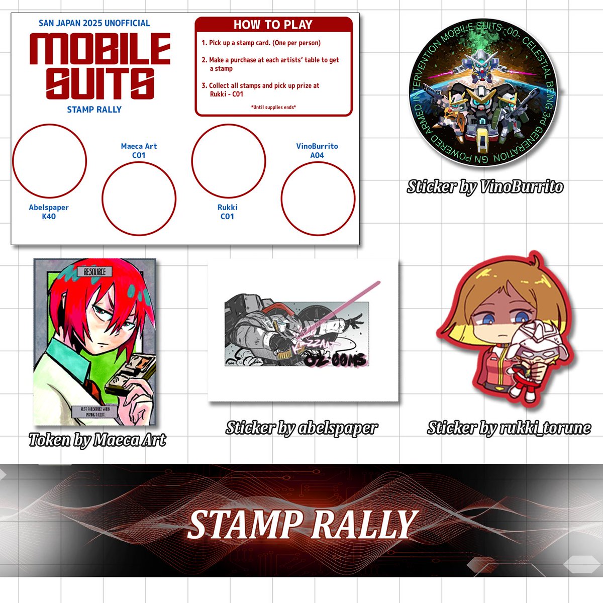 Raise your flag at #sanjapan !!

Collect all these stamps for these Gundam goodies!

Participating Artists

<a href="/rukki_torune/">rukki ➡️ San Japan</a> C01
@maecaart C01
@vinoburrito A04
<a href="/abelspaper/">Abel</a> K40