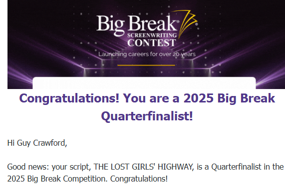 Guy Crawford ⚜️ (@bogeyguyc) on Twitter photo They say write your spec. I have. I am. I will.
I got a phone call. Could I drive from New Orleans to Orlando and pick up their daughter who was hiding from an abusive ex.
That drive changed me.
Thx <a href="/finaldraftinc/">finaldraftinc</a> Big Break for shining a QF light on this gritty thriller. They say write your spec. I have. I am. I will.
I got a phone call. Could I drive from New Orleans to Orlando and pick up their daughter who was hiding from an abusive ex.
That drive changed me.
Thx <a href="/finaldraftinc/">finaldraftinc</a> Big Break for shining a QF light on this gritty thriller.