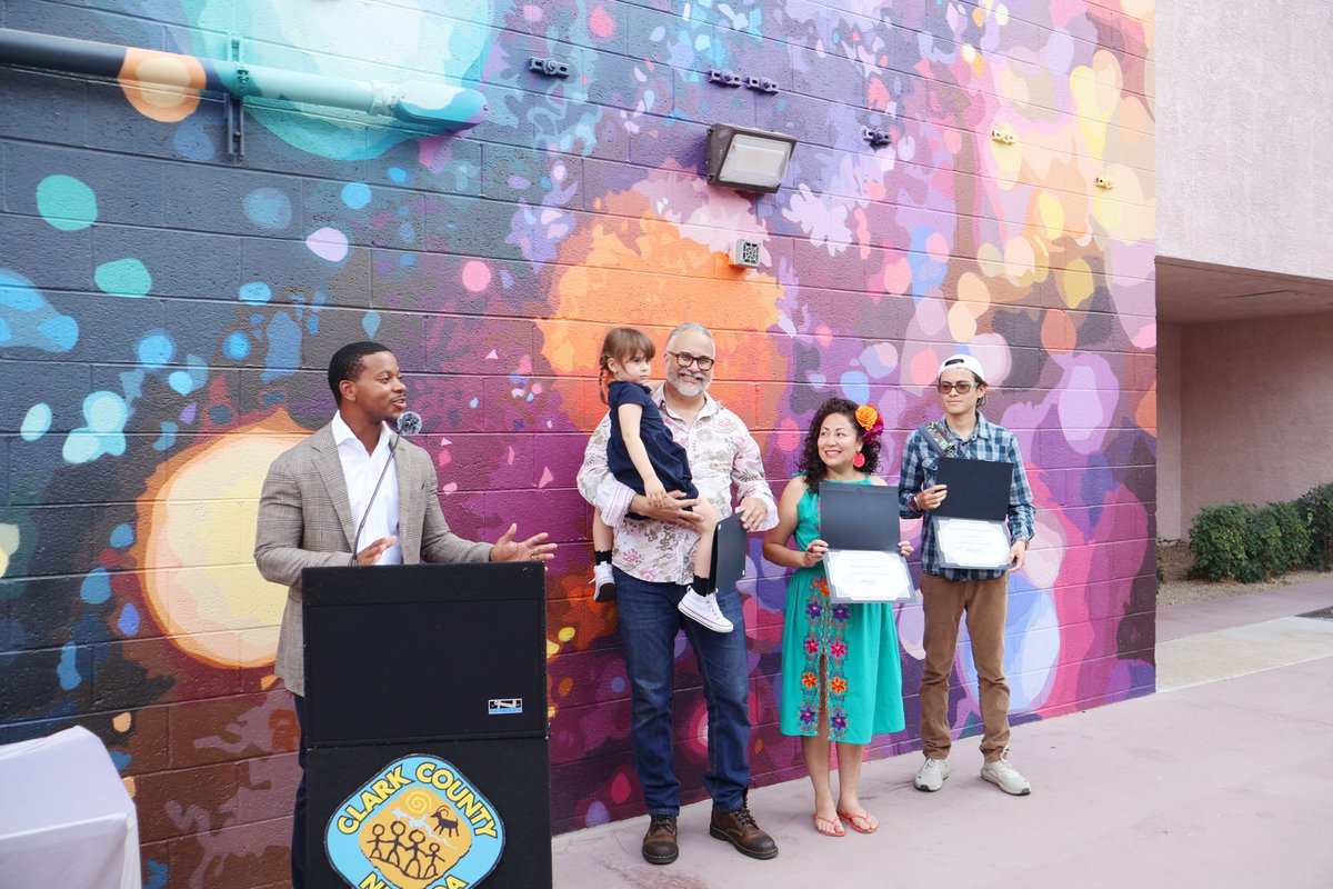 Nv8thC's tweet image. Judges &amp;amp; Commissioner William McCurdy II at dedication of mural intended to lift those coming &amp;amp; going from some of life’s most difficult moments at family court. Clark County Public Arts Office commissioned the mural by artists Jerry Misko, Juan Ochoa &amp;amp; Melody Gallegos