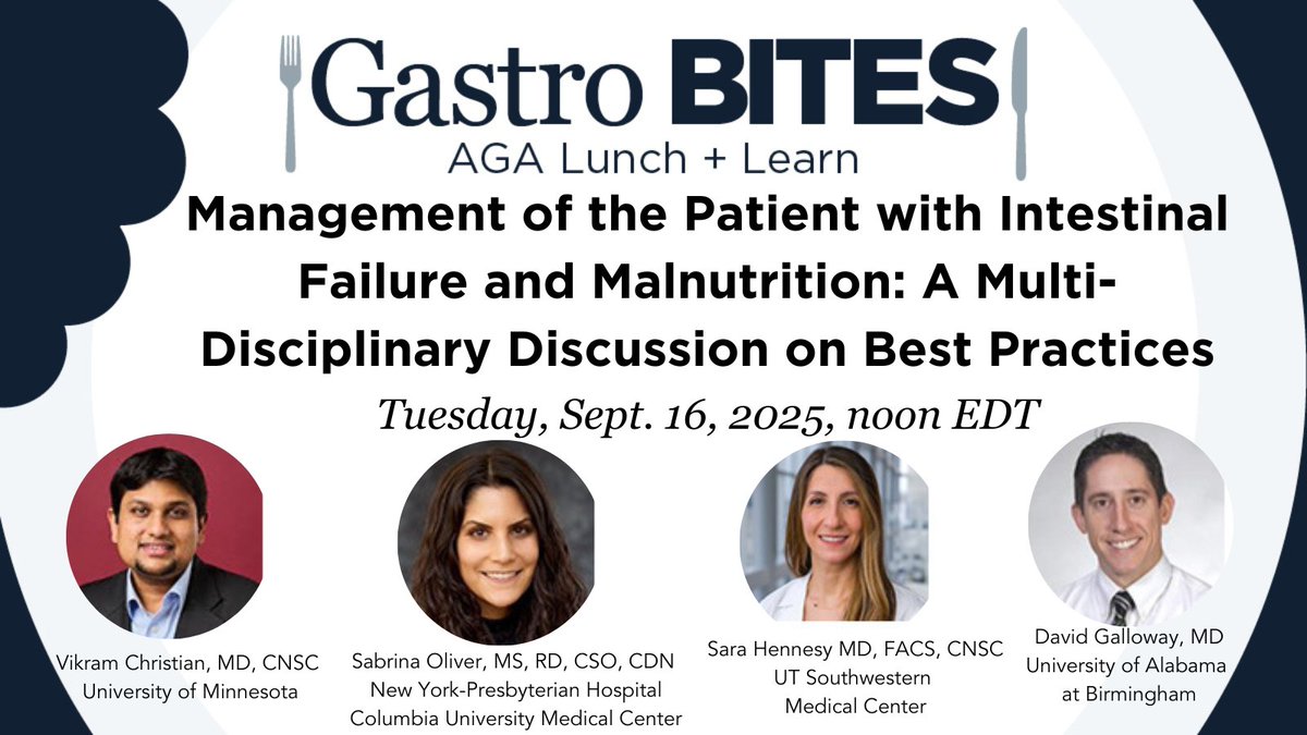 AmerGastroAssn's tweet image. In partnership with @ASPEN_nutrition, join us for a free webinar! Led by @PedsGIChristian, Sabrina Oliver, @sarahennessymd &amp;amp; David Galloway learn strategies &amp;amp; clinical insights improving care for patients with intestinal failure &amp;amp; #malnutrition.
🔗Register ow.ly/U2mS50WIvJB