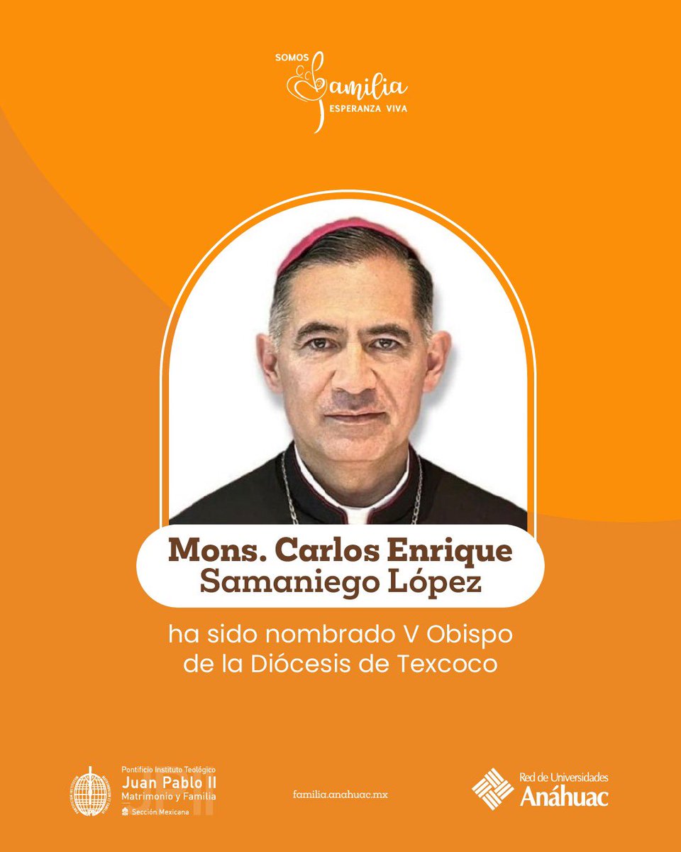 ✨ Con alegría recibimos la noticia de que Mons. Carlos Enrique Samaniego López ha sido nombrado como V Obispo de la Diócesis de Texcoco. 🙏

Pedimos a Dios que lo acompañe en esta nueva misión pastoral 💛

#DiócesisDeTexcoco #SomosFamilia #PontificioJPII