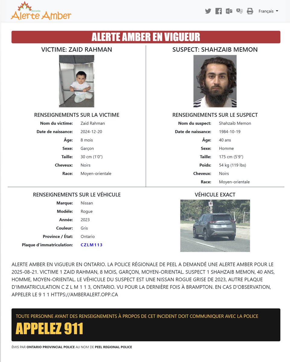 SantaJasonW's tweet image. EMERGENCY ALERT /
now
ALERTE D'URGENCE
Ontario AMBER Alert Victims):
Zaid Rahman (M-8 months old)
Suspect(s): Shahzaib Memon
(M-40 years old) Vehicle: 2023
Nissan CZLM113 Last seen:
Brampton If seen call 911