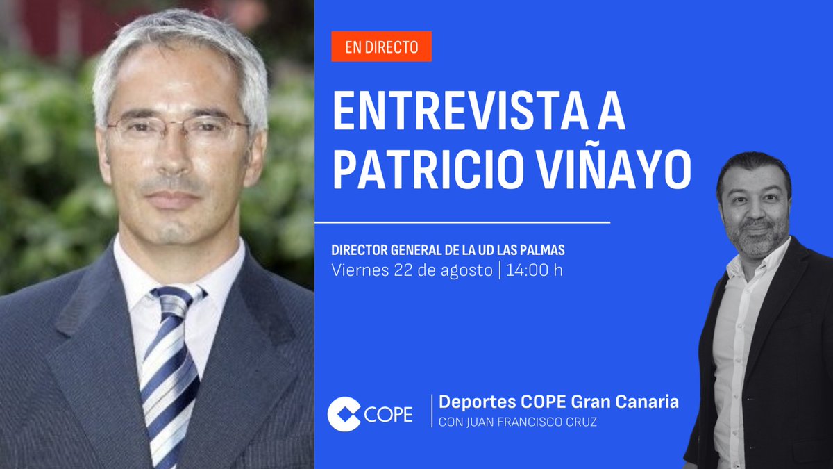 Deportes COPE Gran Canaria (@deportescope_gc) on Twitter photo 🎙️Patricio Viñayo, en Deportes <a href="/COPEGranCanaria/">COPE Gran Canaria</a>
📻 Director General de la UD Las Palmas
📡103.0 FM
📡102.9 FM
📱cope.es/emisoras/canar… 🎙️Patricio Viñayo, en Deportes <a href="/COPEGranCanaria/">COPE Gran Canaria</a>
📻 Director General de la UD Las Palmas
📡103.0 FM
📡102.9 FM
📱cope.es/emisoras/canar…