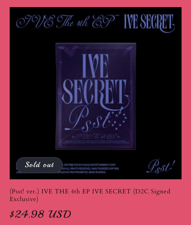 IVE Charts (@chartsive) on Twitter photo .<a href="/IVEstarship/">IVE OFFICIAL</a> 'IVE SECRET (Psst! ver.)' is now SOLD OUT on IVE US Official Store.
#IVE #아이브 .<a href="/IVEstarship/">IVE OFFICIAL</a> 'IVE SECRET (Psst! ver.)' is now SOLD OUT on IVE US Official Store.
#IVE #아이브