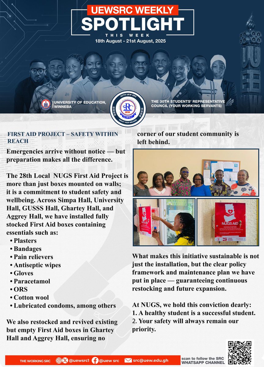 *🇦🇹🇦🇹28th L’NUGS🇦🇹🇦🇹*

_Featured in the UEW-SRC WEEKLY SPOTLIGHT_ 
___________________________________
*FIRST AID PROJECT - SAFETY WITHIN REACH*
____________________________________
_Dear UEW,_

*Emergencies arrive without notice - but preparation makes all the difference.*