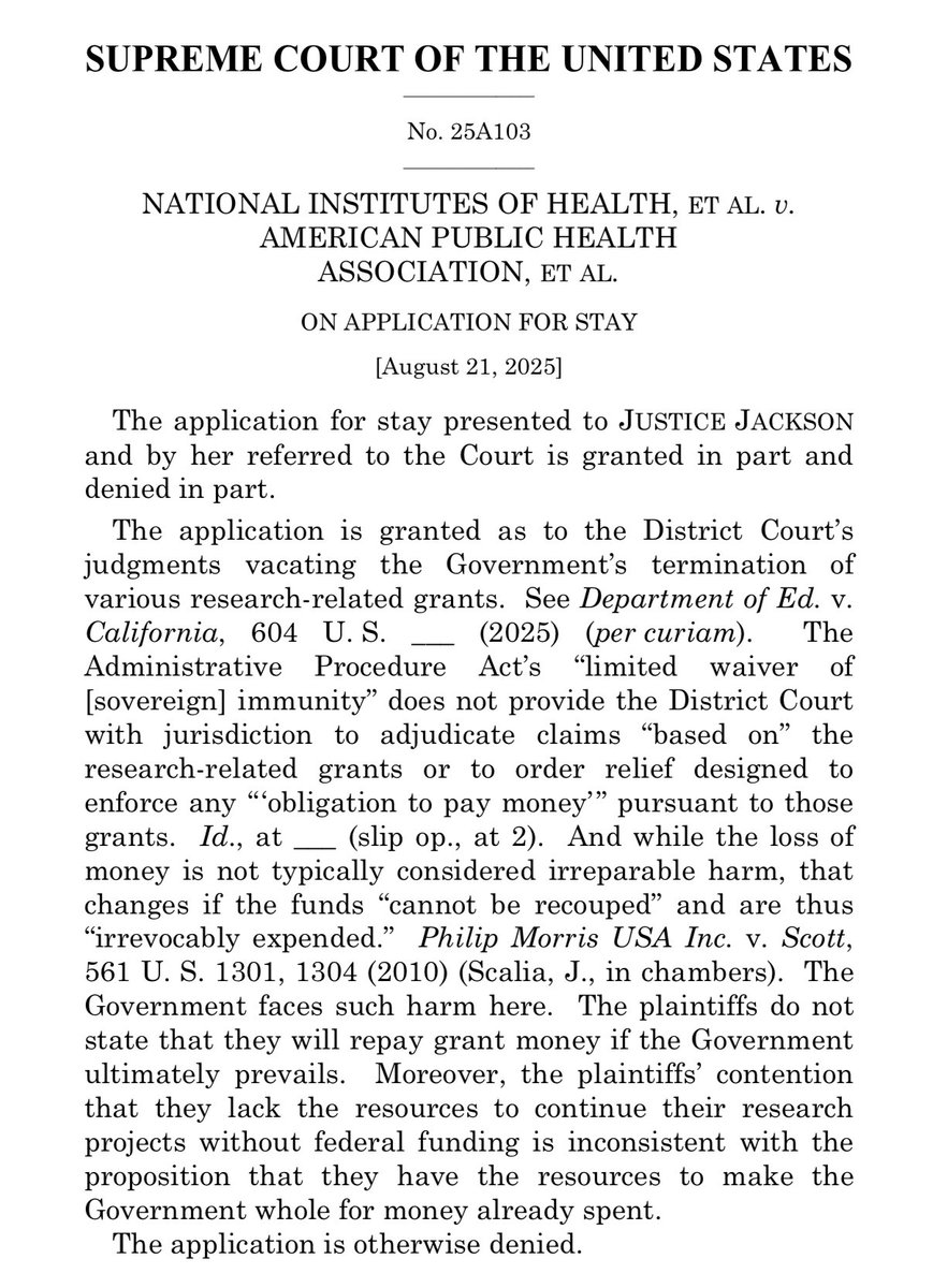 chrisgeidner's tweet photo. BREAKING: The U.S. Supreme Court, on a 5-4 vote with Justice Amy Coney Barrett as the deciding vote, allows the Trump administration to cancel National Institutes of Health grants as part of the administration’s attack on “DEI” while litigation proceeds. https://t.co/mg6ykJsiv4 https://t.co/PyFyLWFTTW