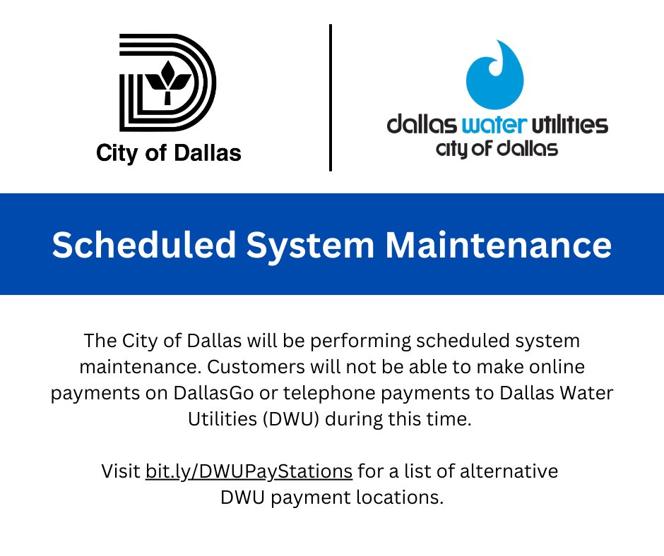 Trinity River Corridor (@mytrinityriver) on Twitter photo System maintenance is scheduled Sunday, August 24, from 3 a.m. to 3 p.m. Customers will not be able to make online payments on DallasGo or by phone to DWU during this time. For alternative payment locations, visit bit.ly/DWUPayStations.
<a href="/311Dallas/">311 Dallas</a> <a href="/CityOfDallas/">City of Dallas</a> System maintenance is scheduled Sunday, August 24, from 3 a.m. to 3 p.m. Customers will not be able to make online payments on DallasGo or by phone to DWU during this time. For alternative payment locations, visit bit.ly/DWUPayStations.
<a href="/311Dallas/">311 Dallas</a> <a href="/CityOfDallas/">City of Dallas</a>