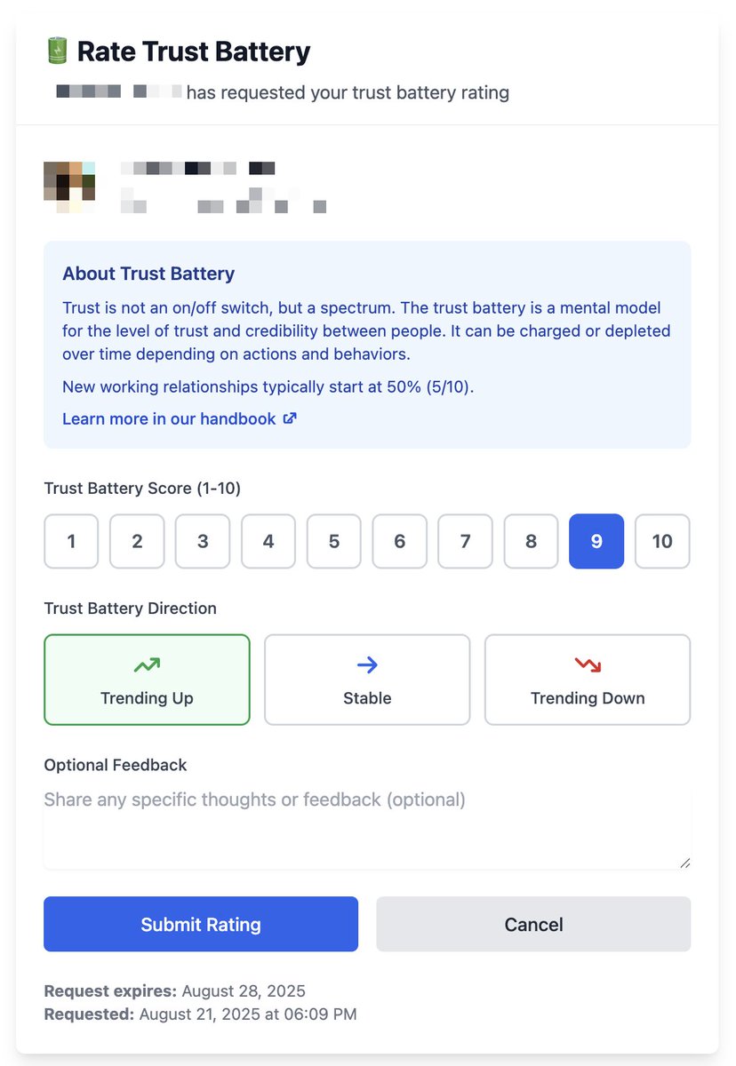 Everyone at <a href="/fulfilio/">Fulfil</a> starts with a trust battery at 5.

It goes up or down with every interaction. The breakthrough happens when you make it visible to everyone.

At Fulfil, we adopted this idea from @Tobi after hearing him talk about it on a podcast.

We've now built it into