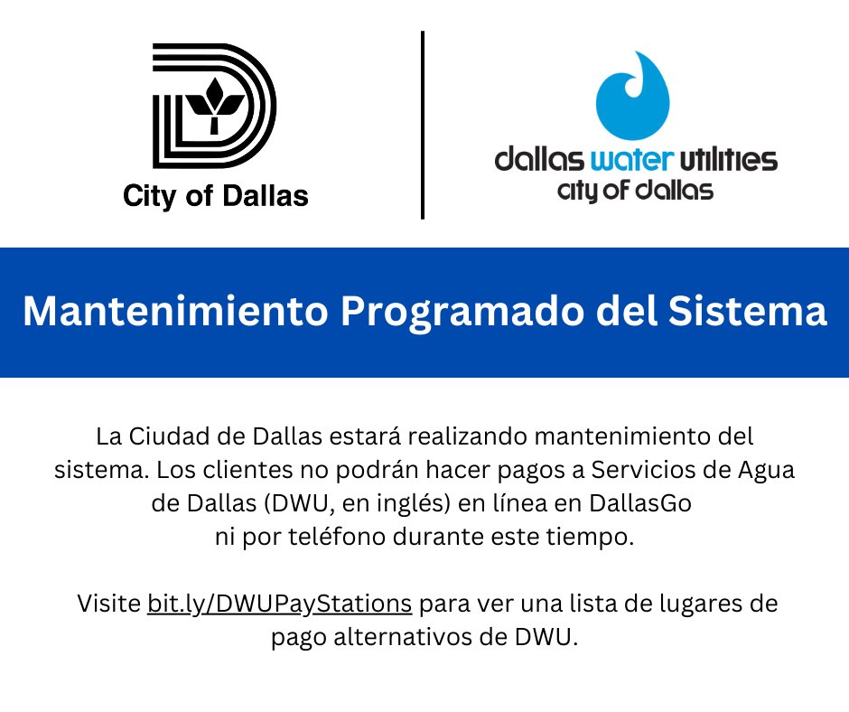 Trinity River Corridor (@mytrinityriver) on Twitter photo Estaremos realizando mantenimiento del sistema el domingo, 24 de agosto entre 3 a.m. a 3 p.m. Durante este tiempo, no se podrá hacer pagos en línea en DallasGo ni por teléfono a DWU. Visite bit.ly/DWUPayStations para ver lugares de pago alternativos.
<a href="/311Dallas/">311 Dallas</a> <a href="/CiudadDeDallas/">Ciudad de Dallas</a> Estaremos realizando mantenimiento del sistema el domingo, 24 de agosto entre 3 a.m. a 3 p.m. Durante este tiempo, no se podrá hacer pagos en línea en DallasGo ni por teléfono a DWU. Visite bit.ly/DWUPayStations para ver lugares de pago alternativos.
<a href="/311Dallas/">311 Dallas</a> <a href="/CiudadDeDallas/">Ciudad de Dallas</a>