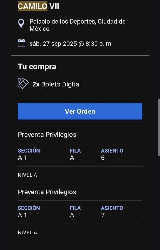 JessMalagonf's tweet photo. Hola! Tengo dos boletos en venta para @CamiloVIImx en el Palacio de los deportes. Por cuestiones personales no podré ir :(  mándenme DM 🙂
@ticketelhamster #Boletos #camiloVII #PalacioDeLosDeportes #sevenden #ventaboletos https://t.co/KWfovCenlt