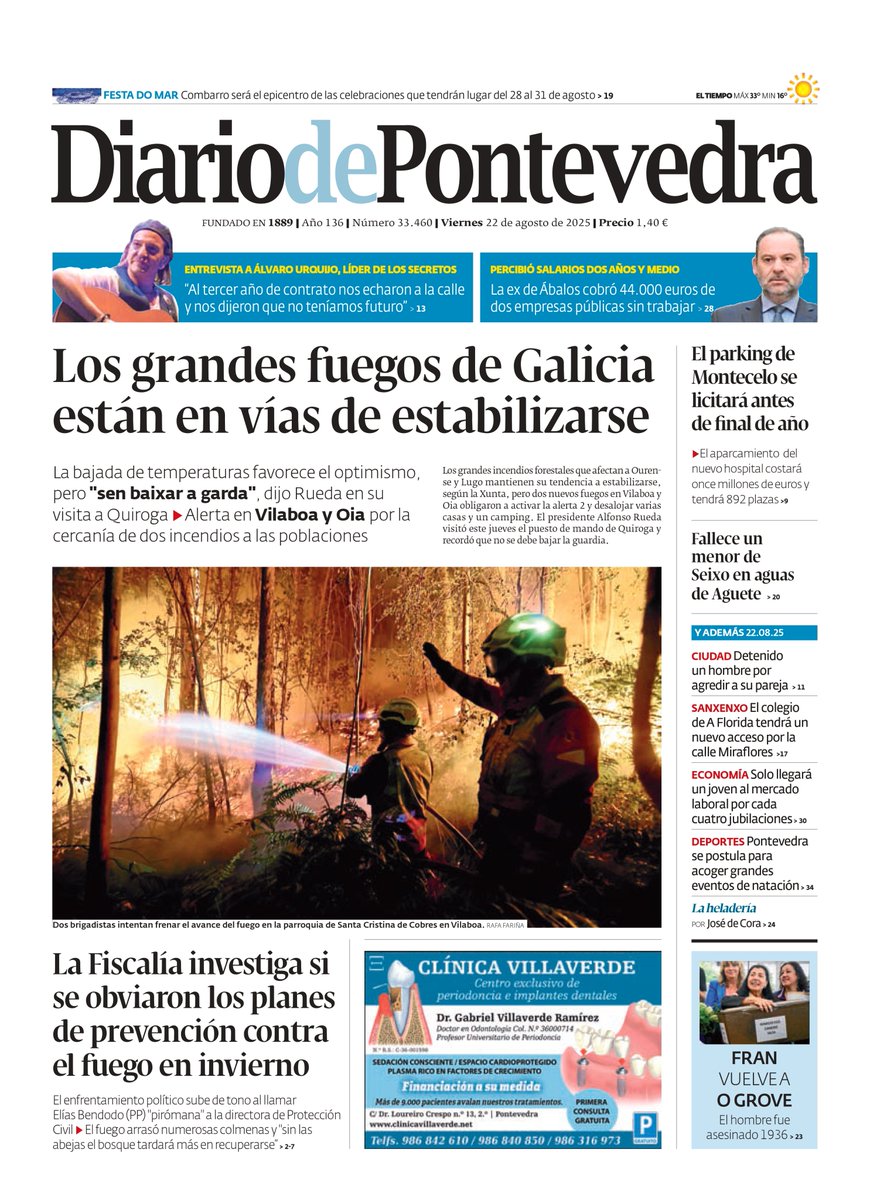 Diario_Pontev's tweet photo. #PortadaDP 📰 La llegada de los incendios a la provincia pontevedresa, la licitación del parking de Montecelo y el fallecimiento de un menor en Aguete, entre los temas destacados de la primera plana de Diario de Pontevedra de este viernes 22 de agosto https://t.co/2MusJ1fpsW