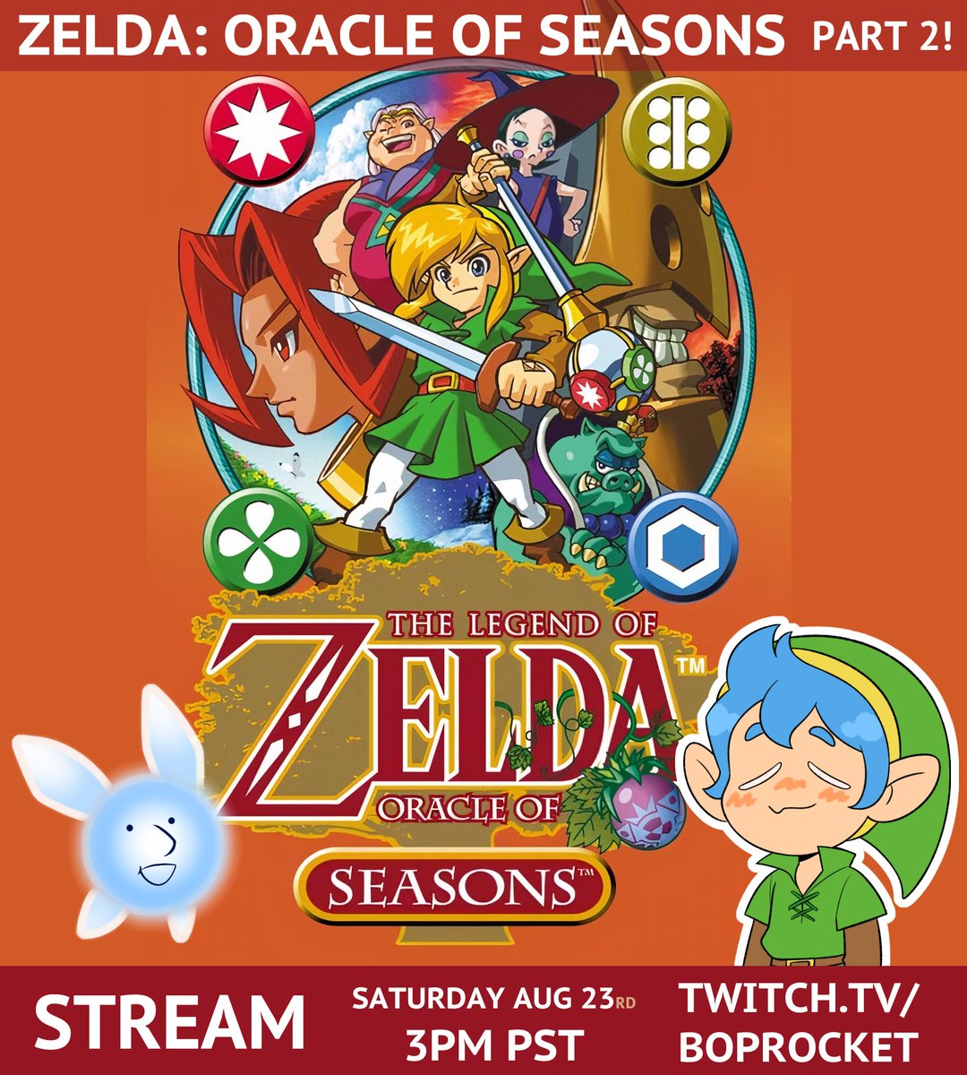 enenkay's tweet photo. THIS SATURDAY: August 23rd at 3pm PST

I continue my blind playthrough of Zelda: Oracle of Seasons with the help of my fairy companion @paranaturalzack 

Twitch: https://t.co/s4cWXt36Pp
Part 1 (vod): https://t.co/rfab3dzDel https://t.co/hRSqnhZMO1
