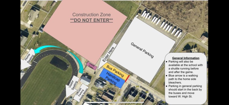 AdenaLocal's tweet image. This picture shows parking areas for 2025 Football Games during the wellness center construction. Handicap parking is located directly in front of the entrance.