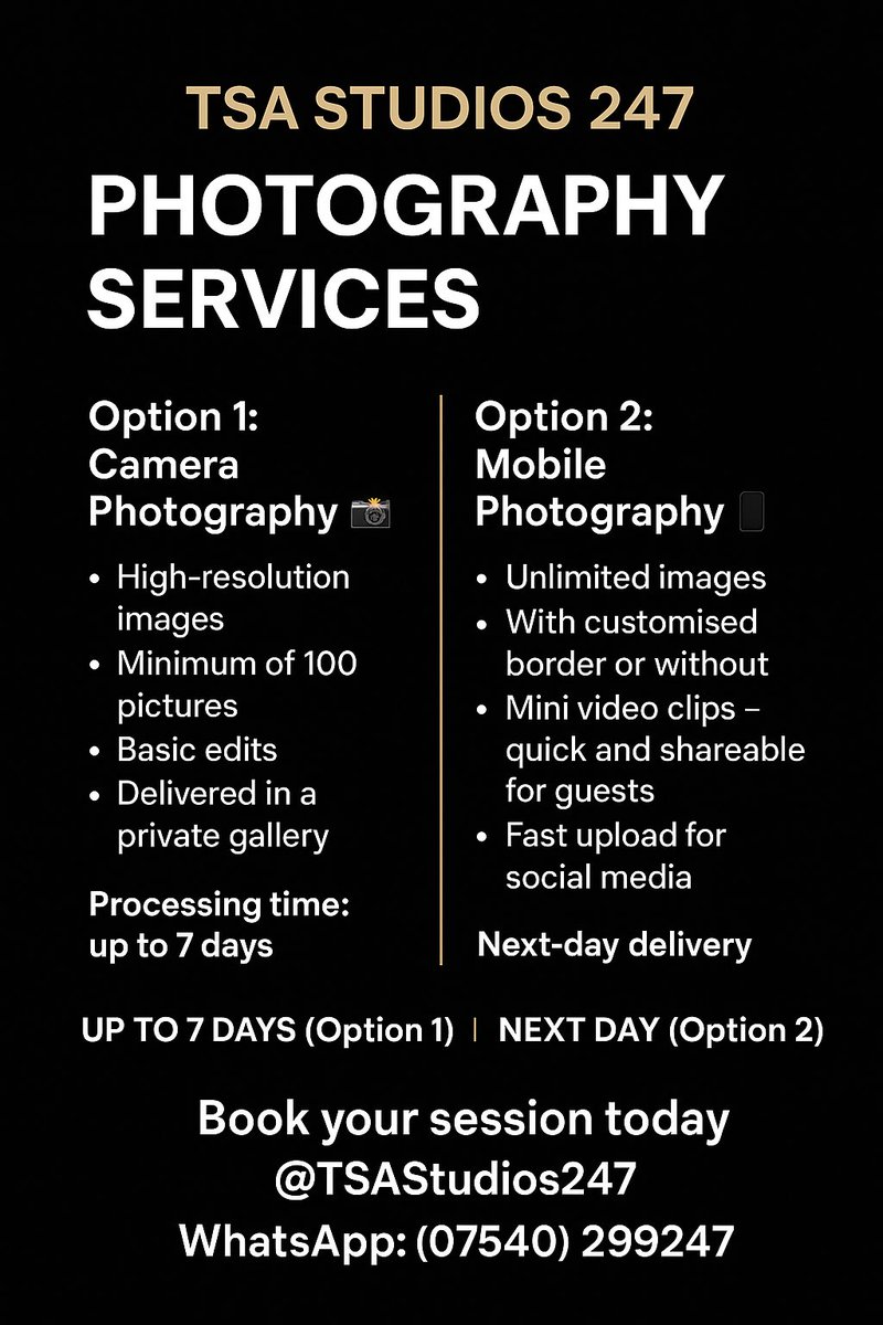 TSA STUDIOS (@tsastudios) on Twitter photo β¨ Capture your moments with TSA Studios 247 β¨
Choose between Camera Photography for high-resolution, edited images in a private gallery, or Mobile Photography for unlimited pictures and quick, shareable clips β delivered the next day! β¨ Capture your moments with TSA Studios 247 β¨
Choose between Camera Photography for high-resolution, edited images in a private gallery, or Mobile Photography for unlimited pictures and quick, shareable clips β delivered the next day!