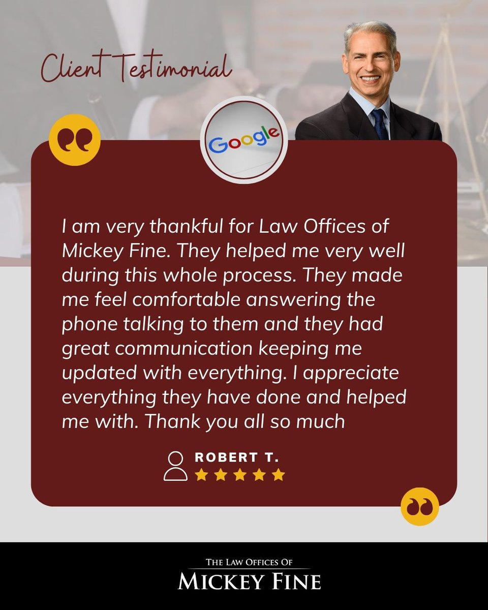 MickeyFineCA's tweet photo. Nothing matters more to us than keeping our clients informed and comfortable throughout the process. Thank you, Robert, for sharing your 5-star experience—it means the world to our team.

Have questions about your case? Reach out anytime by DM or call 661-333-3333.

#mickeyfine https://t.co/Q57T6LueBu