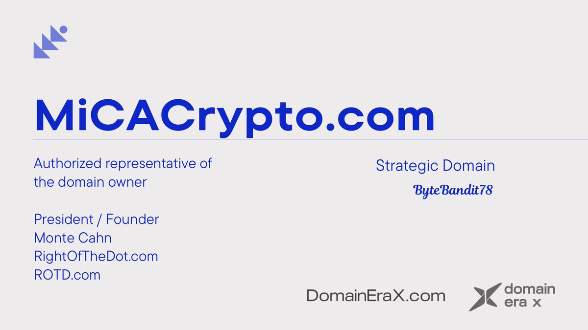 DomainStrategic's tweet photo. Domain for Sale:
MiCACrypto dot com
#MiCA #Crypto #MiCACrypto #CryptoRegulation #RegTech #LegalTech #CryptoEU #Europe #EuropeCrypto #CryptoEurope #DomainEraX #Domain #Domains #DomainNames #Blockchain https://t.co/TI2Bwg2Ovo