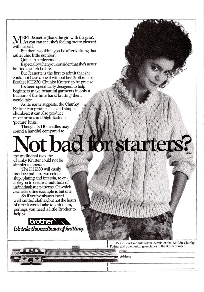 machineknits's tweet image. Throwback to this Brother Knitting Machine ad from the 1980s! Apparently Jeanette has never knitted a stitch before knitting this chic little number using her Brother KH230 😲

#knittingmachine #knitting #knittingclasses #torontocanada
